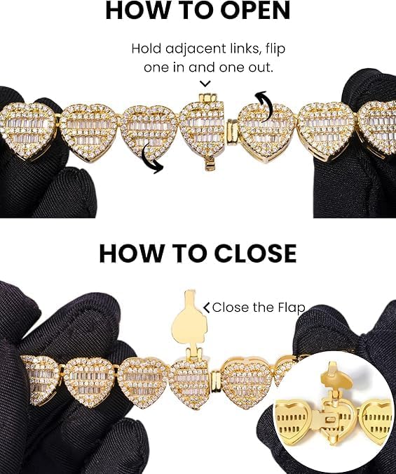 Lulu Mel Iced Out 12mm Heart Bracelet Baguette Diamond Bracelet For Women, Hip Hop Mens Full CZ 14K Gold Plated Chain Bracelet Rapper Chains With Jewelry Box - Image 6