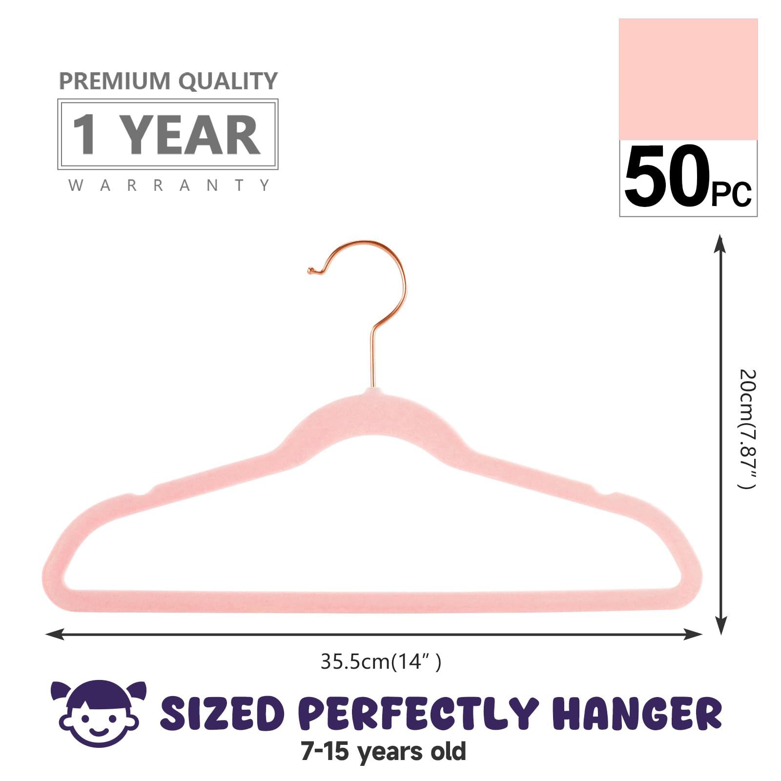 MIZGI Kinder-Kleiderbügel aus Samt, rutschfest, 35,6 cm, Kleiderbügel für Jugendliche, Teenager, 50 Stück (Blush Pink)