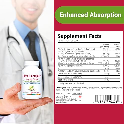Miniatura 4 de New Roots | Suplemento ultra vitamina B (50 mg) contiene vitamina B6, B12, biotina, fórmula avanzada sin enjuague (90 cápsulas vegetales)