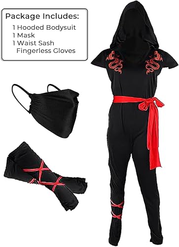 Miniatura 2 de Disfraz de ninja de luchador de dragón negro y rojo para mujer, talla XL (14-16), perfecto para Halloween, cosplay y fiestas temáticas, 1 juego