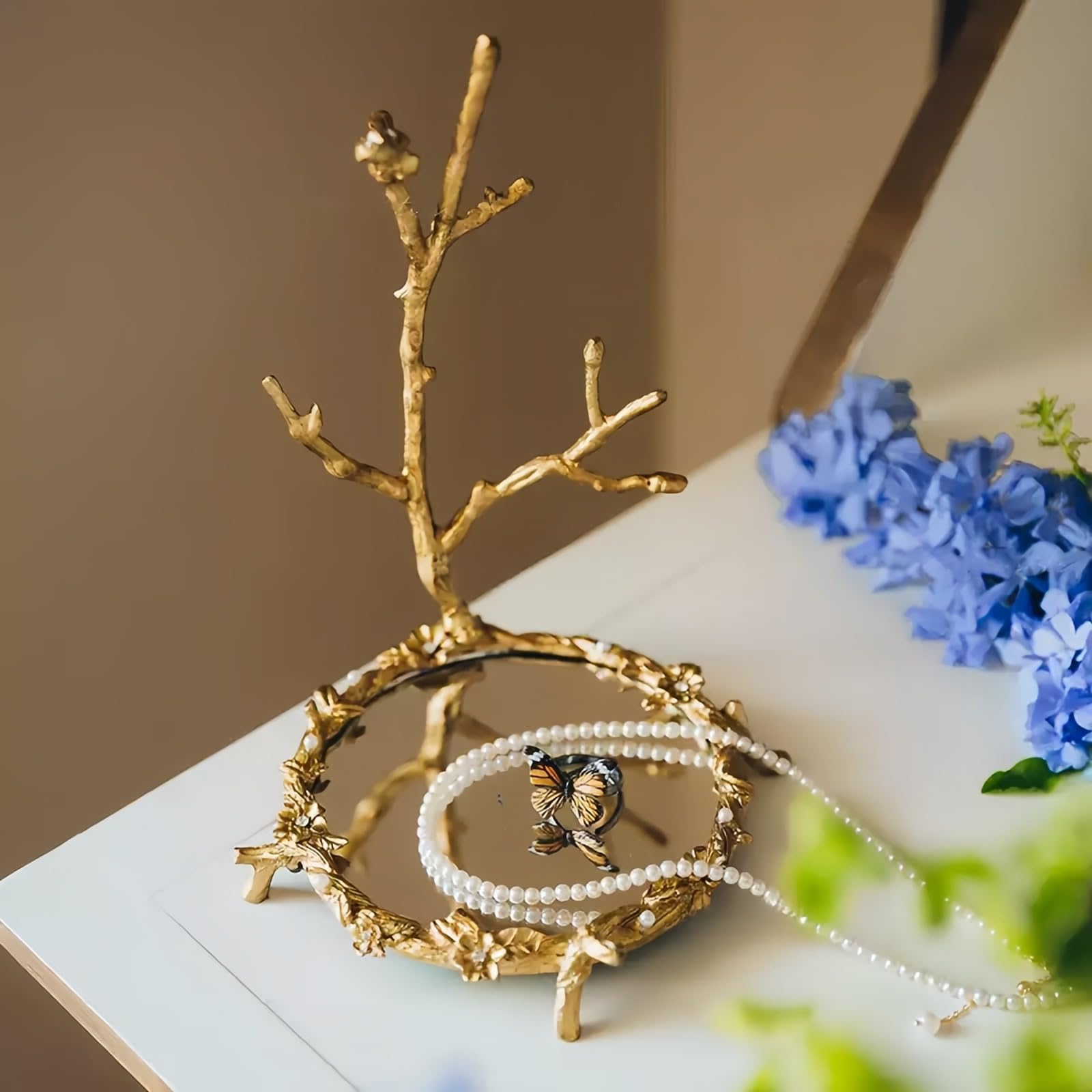 TerkCo Antique Gold Jewelry Stand Tree with Floral Mirror Tray,Decorative Jewelry Organizer for Rings, Necklaces, Earrings (Gold)