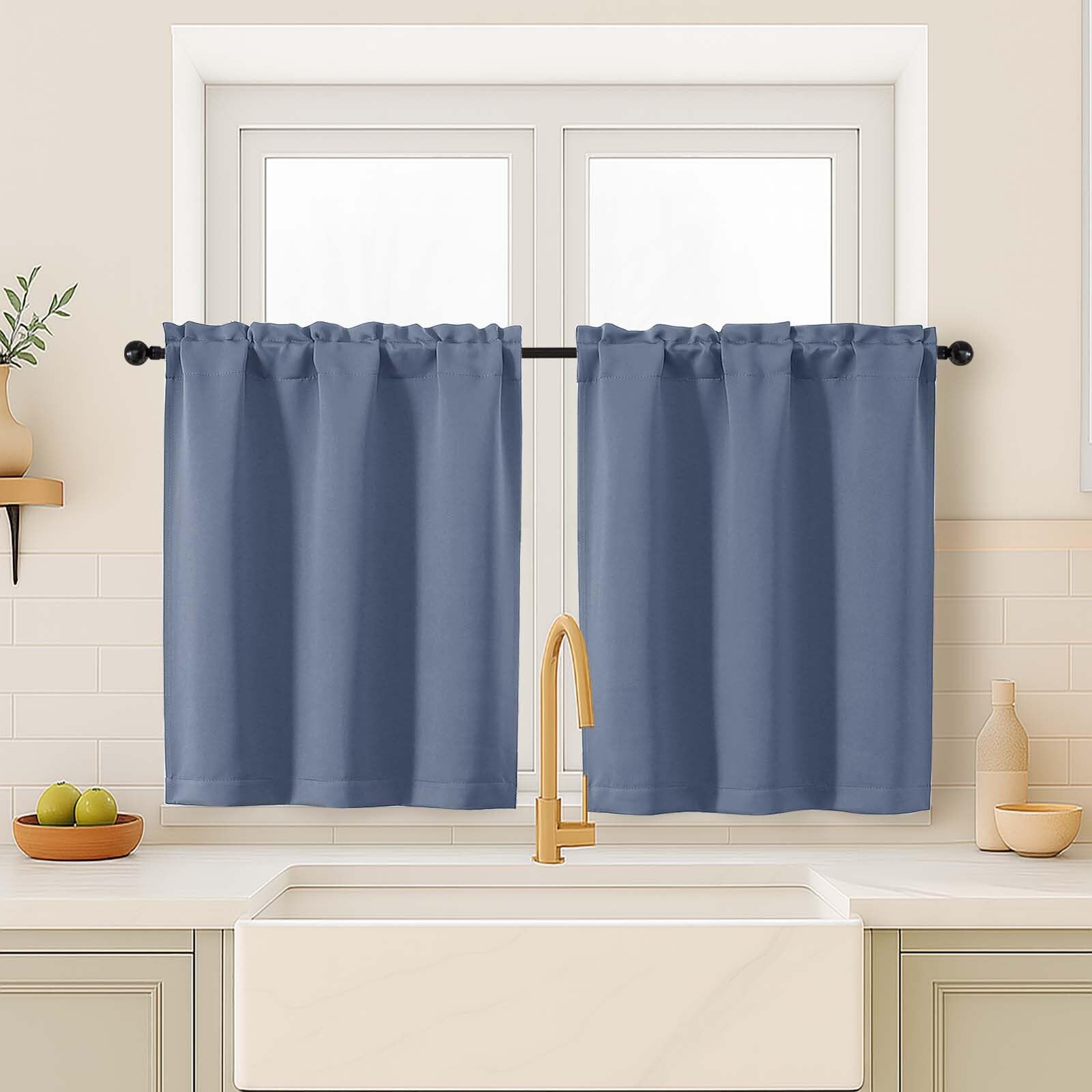 OVZME Demin Blue Blackout Curtains for Small Window Treatment, Light Blocking Short Kitchen Window Curtains Over Sink, Dual Rod Pocket Half Window Tiers for Bathroom Basement, 2x40Wx36L Inches