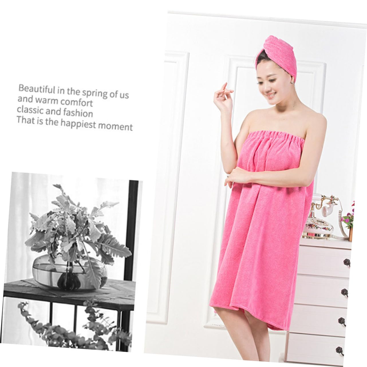 Beatifufu 70x140cm Dry Hair Hat Bath Skirt Set Soft Fabric Quick Absorbent Hair Wrap Towel (Rosy)