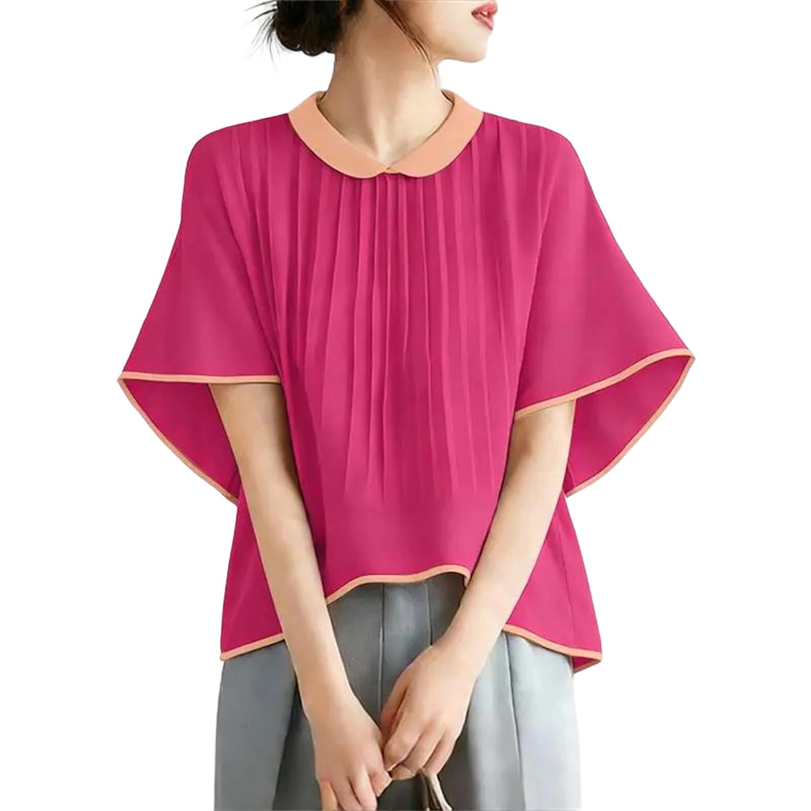 Yeuyyben Camicette da donna estive casual chic plissettate mezze maniche top a contrasto di colore