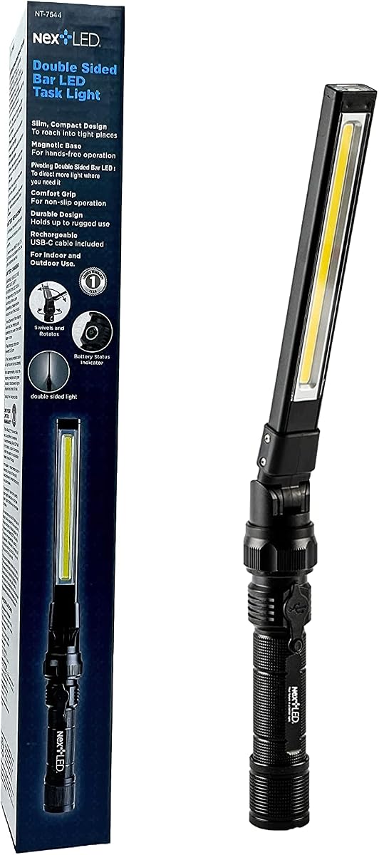 NT-7544 Luz de trabajo plegable de alta resistencia, recargable, de doble cara, 600 x 2 lúmenes, linterna magnética delgada, con luz superior, cuerpo de aluminio, linterna magnética para reparación de automóviles/inspección de HVAC, IPX4