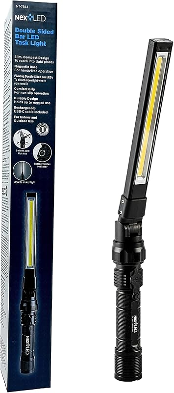 NT-7544 Luz de trabajo plegable de alta resistencia, recargable, de doble cara, 600 x 2 lúmenes, linterna magnética delgada, con luz superior, cuerpo de aluminio, linterna magnética para reparación de automóviles/inspección de HVAC, IPX4