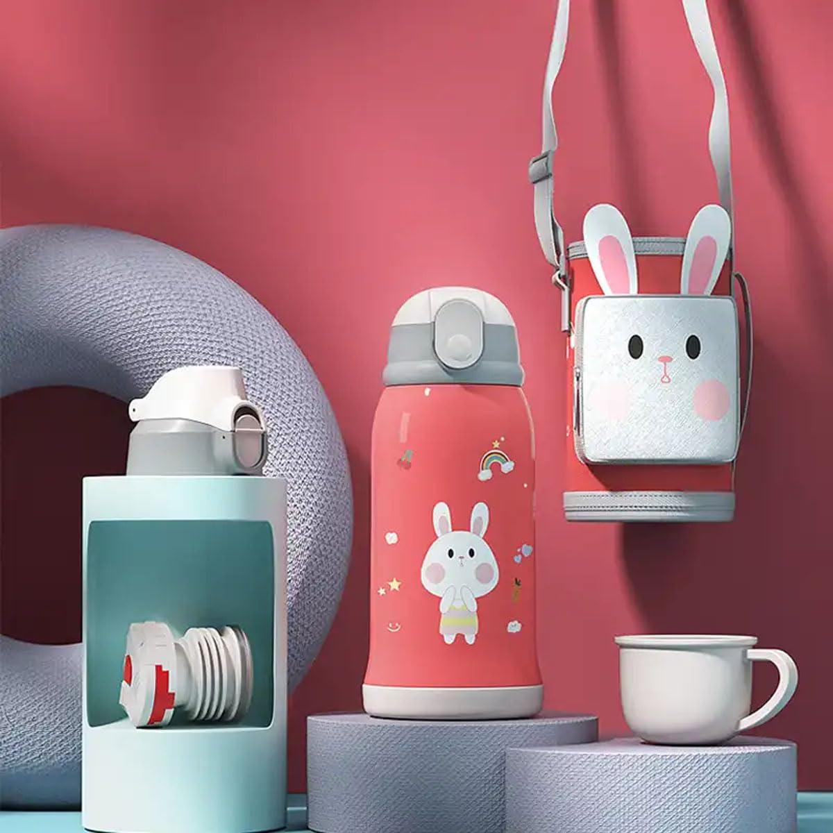 Bliss Seller Kids Water Bottle for School Stainless Steel Insulated Water Bottle with Straw Children Cup 2 in1 Water Flask with Carrier Holder Shoulder Strap Spare Cover Lid 550ml (Baby Rabbit)