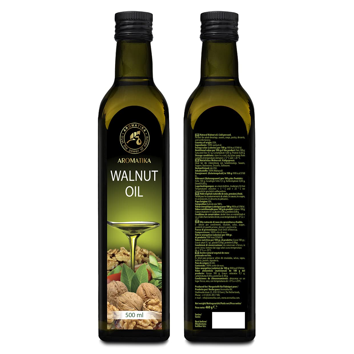 Olio di Noci Alimentare 500ml - Vegano Puro Vergine Crudo Spremuto a Freddo - Noci per Cucinare - Insalata e Condimenti - Usare a Crudo