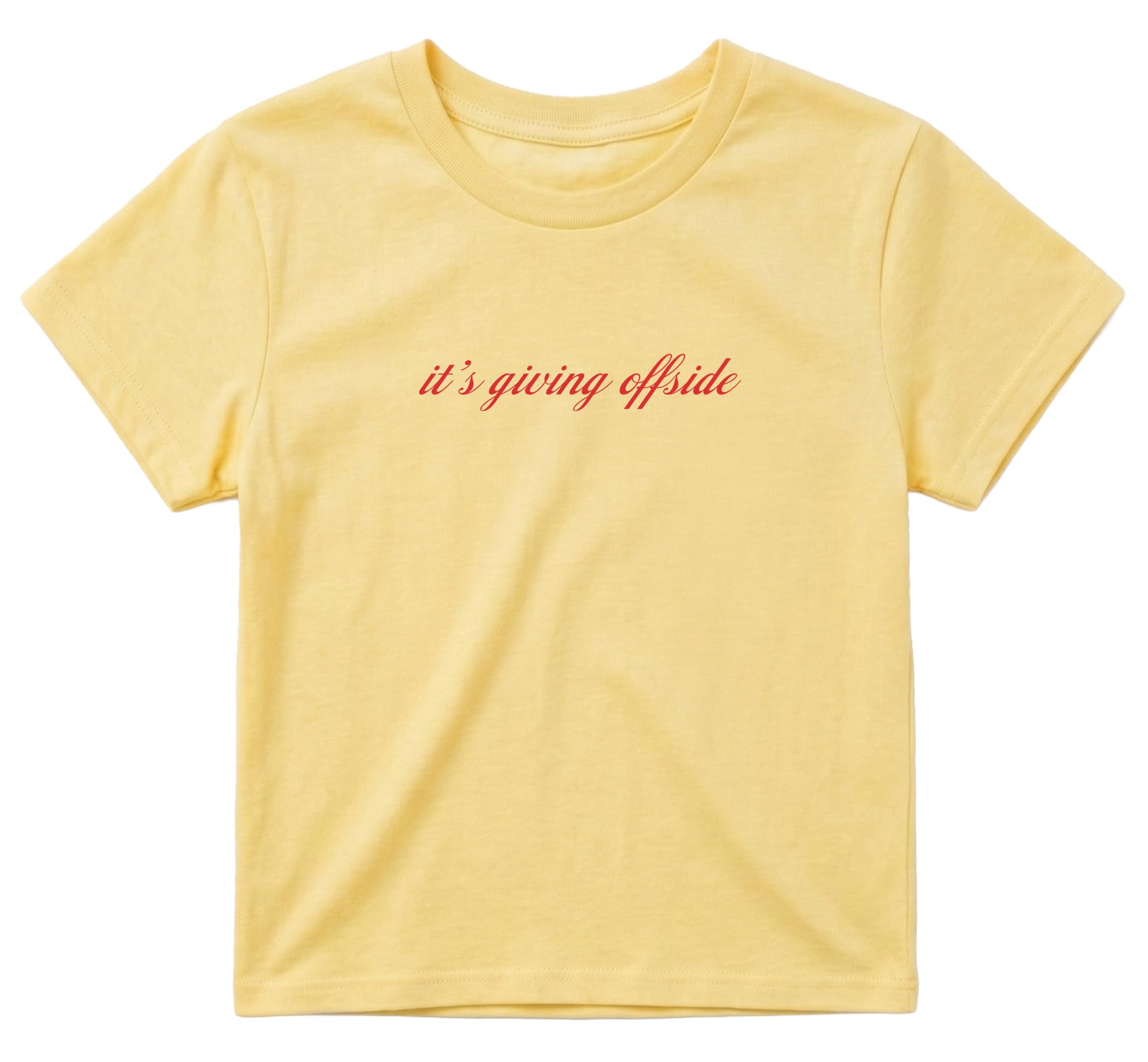 Sanfran Clothing It's Giving Offside Baby Tee T-Shirt Top World Football Shirt England Scotland Country Team 2026 Soccer Womens Flag Varsity Shirt Yellow Haze (Red Text) - Small