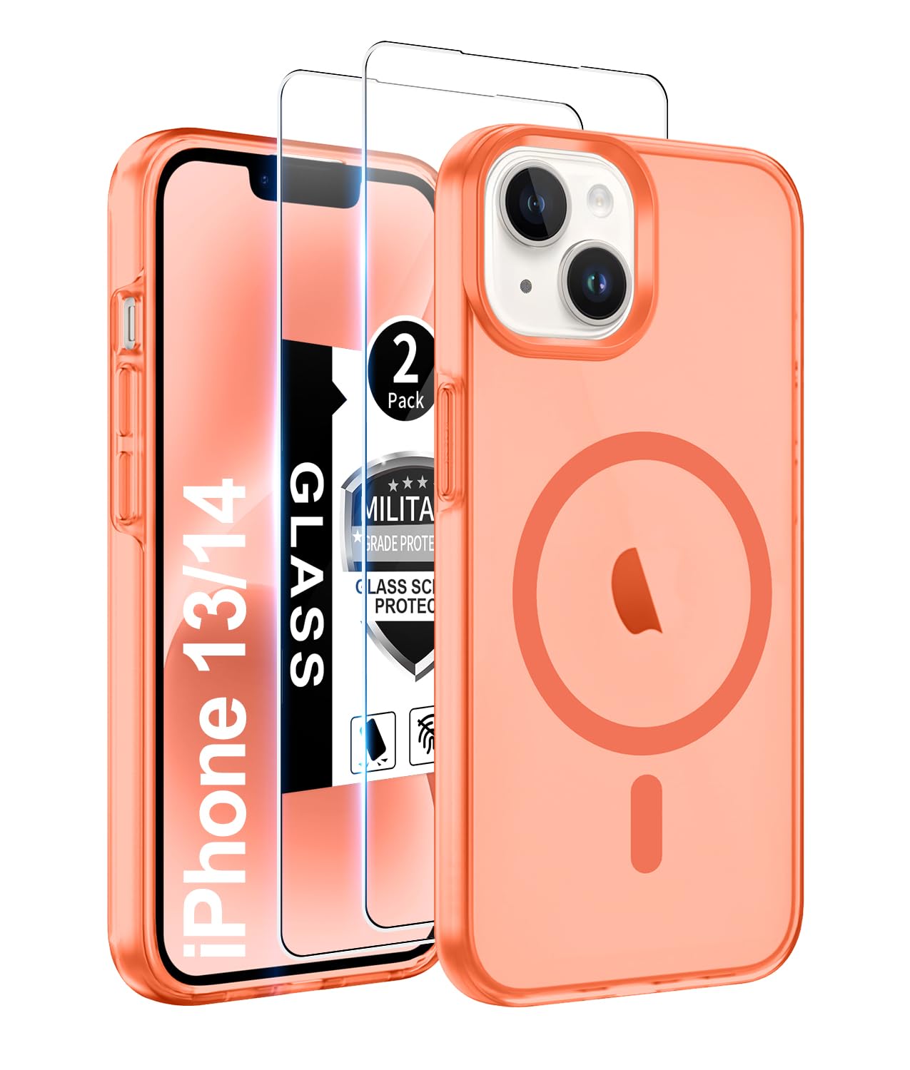 Gritup für iPhone 13/14 Hülle:mit 2 Hartglas Schutzfolie[Kompatibel mit Magsafe] Ultradünn Seidig weiches halbtransparent matt Flussigsilikon Militärisch Geschütztes Handyhülle iPhone 13-Orange
