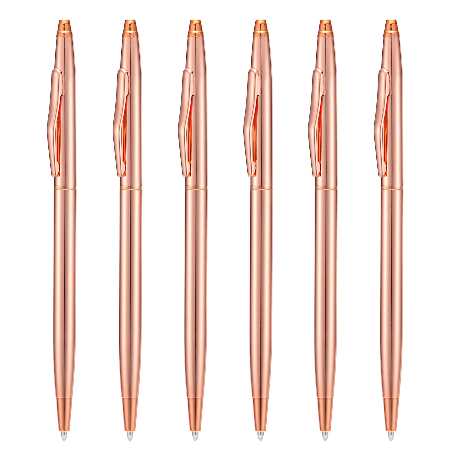 Wikult 6 Pieces Rose Gold Slim Metal Ballpoint Pen, 1mm Medium Point Black Ink Smooth Writing, for Business Office Teacher Student Wedding Guest