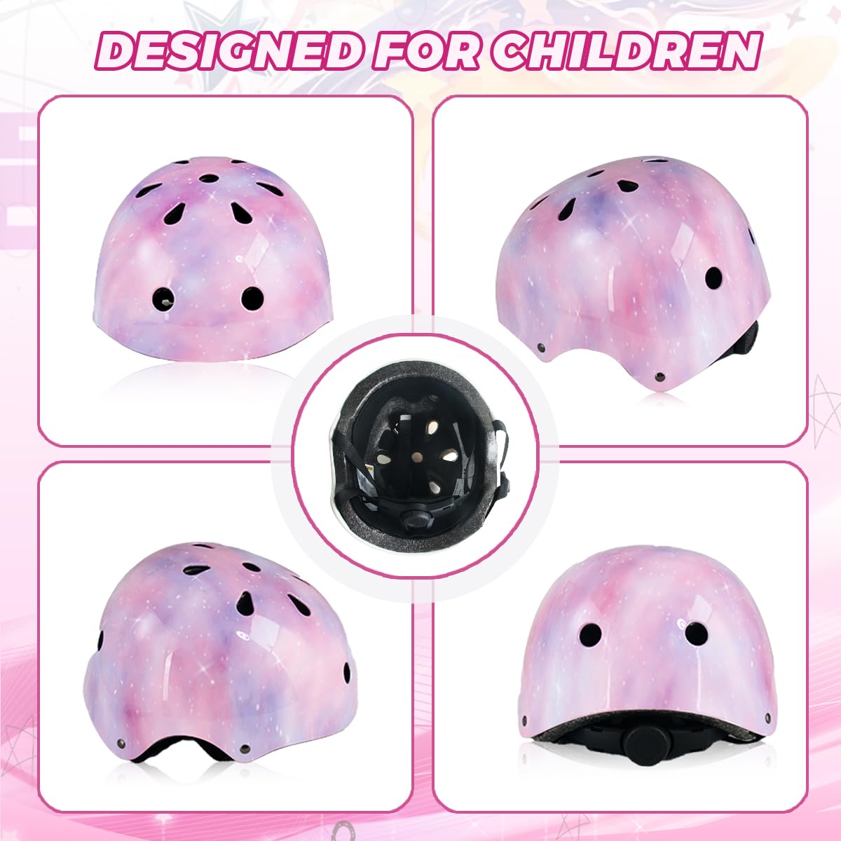 Casco de bicicleta para niños y jóvenes, con certificado CPSC, cascos de protección ajustables de color rosa estrellado para múltiples deportes, ciclismo, patinaje, patinaje (talla M) 7
