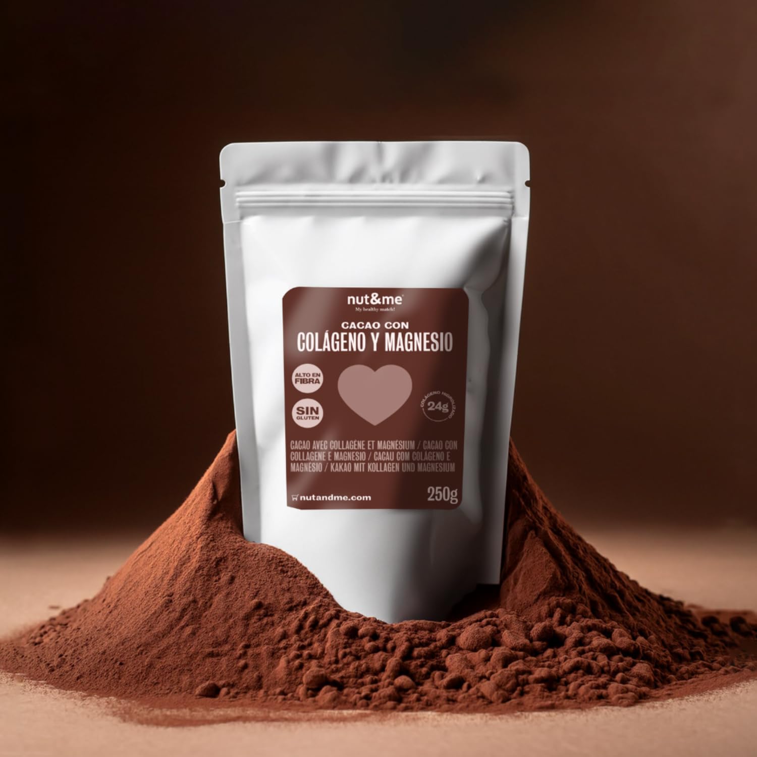 Nut&me Cacao con colágeno y magnesio 250 gr, alto en magnesio, hierro, potasio, keto, sin gluten