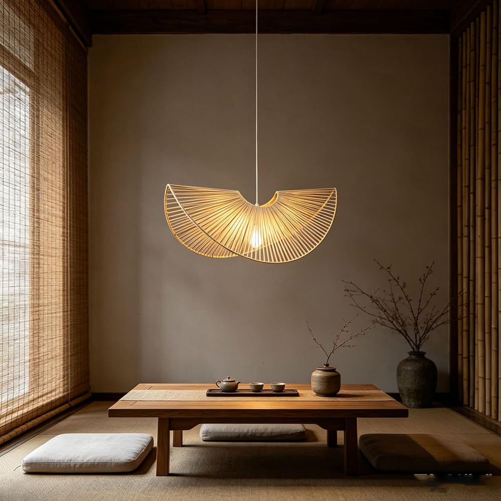 XQIDIANAA Beige Rattan Pendant Light 23.62in Farmhouse Woven Chandelier Rattan Lamp Fixture Over Island Rustic Wicker Hanging Ceiling Lighting for Dining Room Kitchen Bedroom Entryway Restaurant Bar