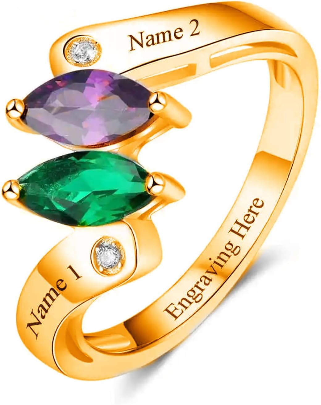 Personalized Birthstone Rings for Mother, 10K 14K 18K Solid Gold Custom Name Rings with 2 Birthstone, Mother Ring Gifts for Women Wife Girlfriend Size 5-12