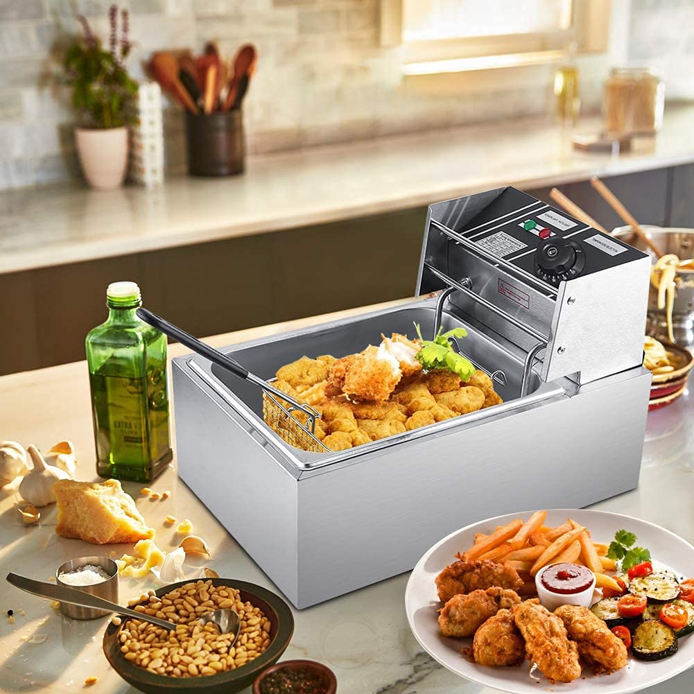 friggitrice elettrica Professionale in Acciaio Inox da 6 Litri con Cestino per Uso Commerciale E Domestico, Friggitrice Patatine Fritte Friggitrice Per Cucinare, 2.5KW