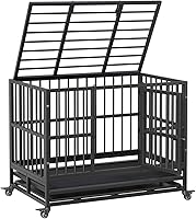 Vista 1 de Jaula de acero indestructible resistente de 42 pulgadas para perros, a prueba de escape, jaula de alta ansiedad para interiores, perrera con ruedas