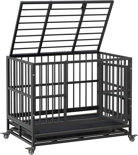 Jaula de acero indestructible resistente de 42 pulgadas para perros, a prueba de escape, jaula de alta ansiedad para interiores, perrera con ruedas,