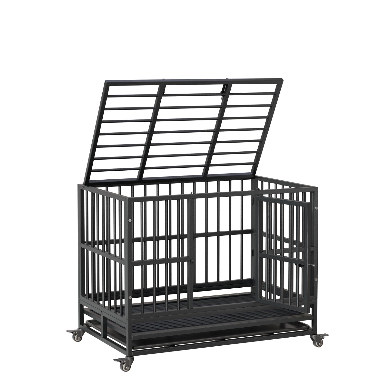 42inch Heavy Duty Indestructible Dog Crate Steel Escape Proof,Indoor Dog House High Anxiety Cage,Kennel with Wheels,Removable Tray, 42.5inch