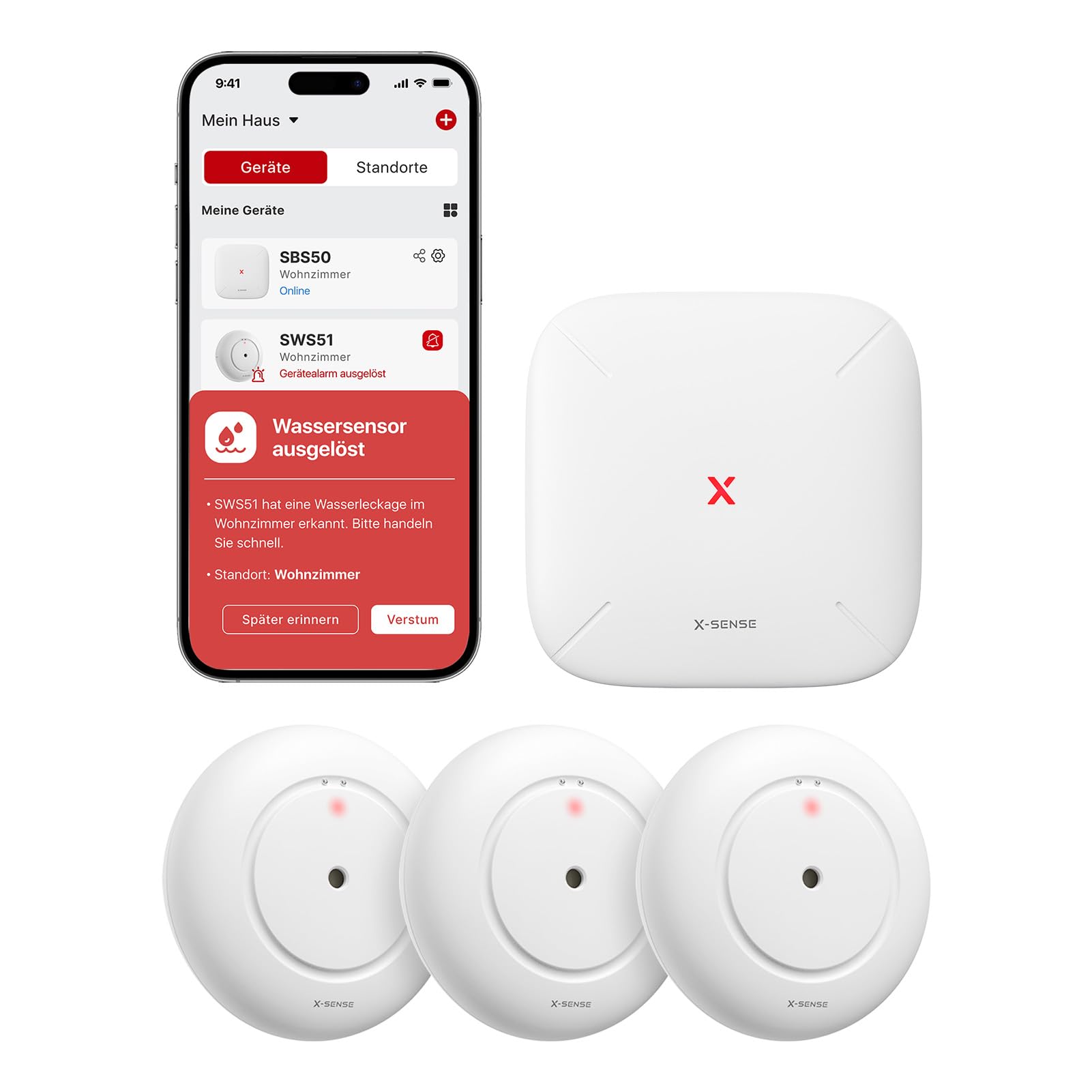X-Sense Smart Wassermelder mit Batterie, WLAN Wassersensor, kompakter Überschwemmungssensor mit Einstellbarer Lautstärke von bis zu 110 dB sowie 500 m Reichweite, für Küchen, Keller und Badezimmer