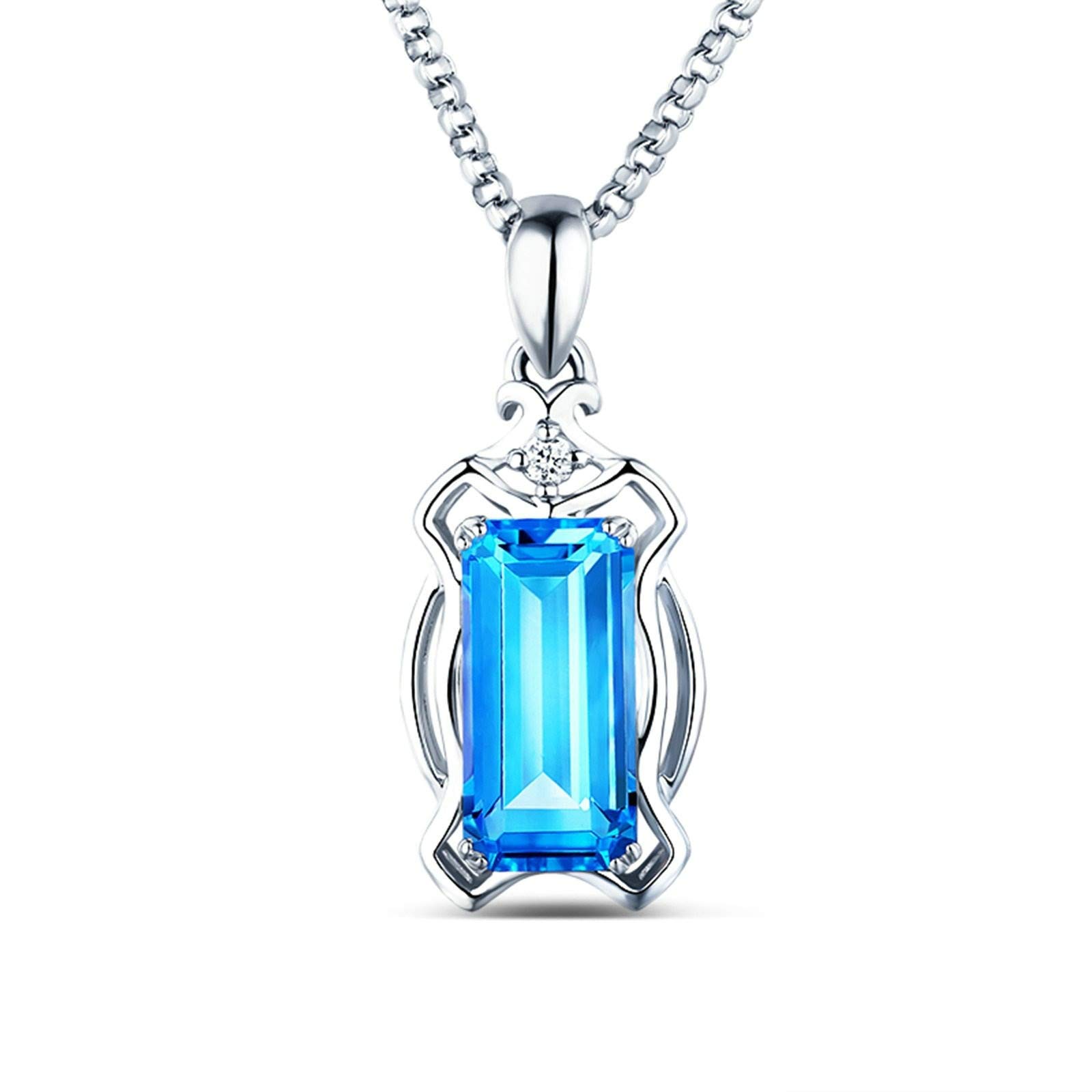 Damen-Halskette, 18 Karat Gold, natürlicher 1,9 Karat, rechteckiger Blauer Topas, Halskette für Hochzeit, Braut