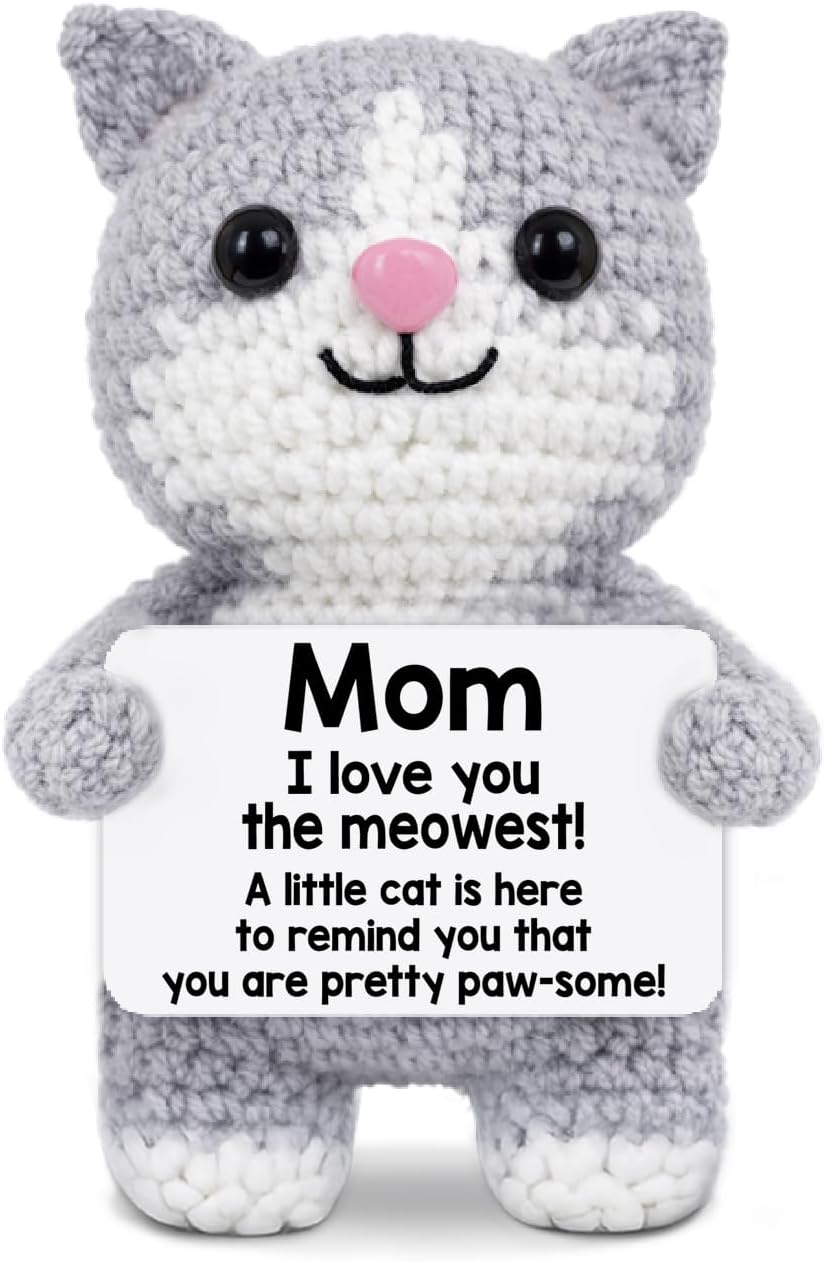 Mom Gift Positive Crochet Cat, Mothers Day Birthday Gifts Idea, I Love You Gifts for Mom Grandma, Cute Handmade Emotional Support Cat Plush Decor