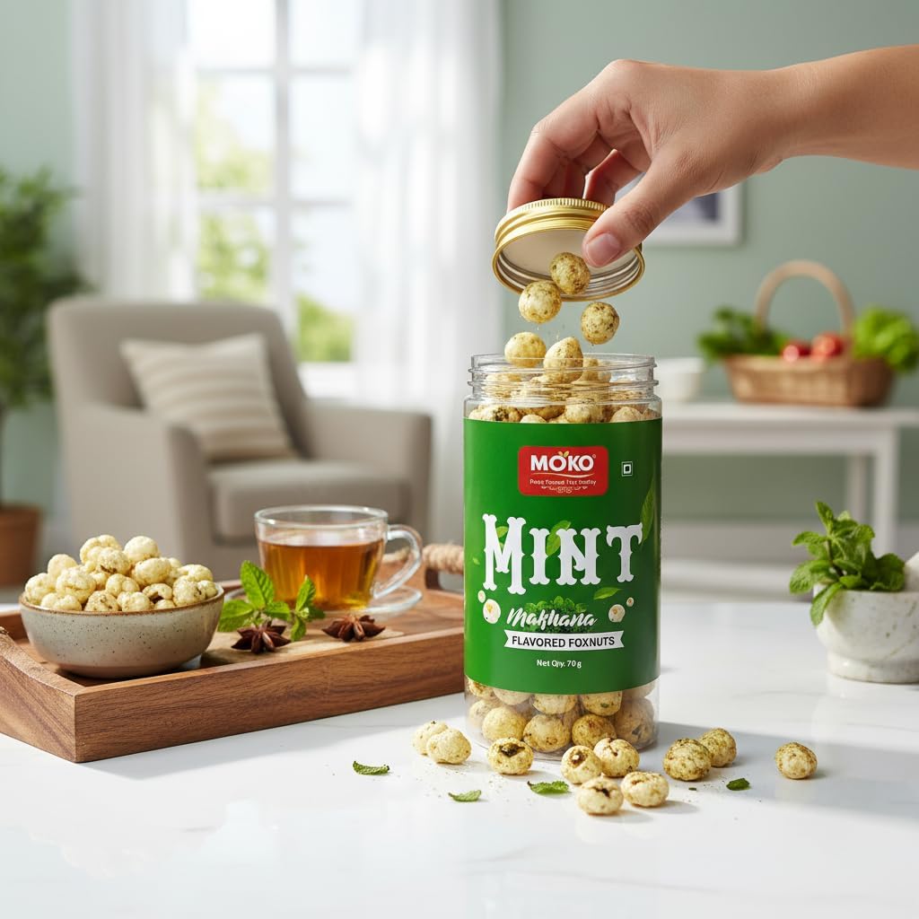 MOKO Mint Makhana (70g) | Roasted Foxnuts | High Protein, Gluten-Free & Low-Calorie Healthy Snack | Light & Crunchy Lotus Seeds | Refreshing Pudina Flavor 4