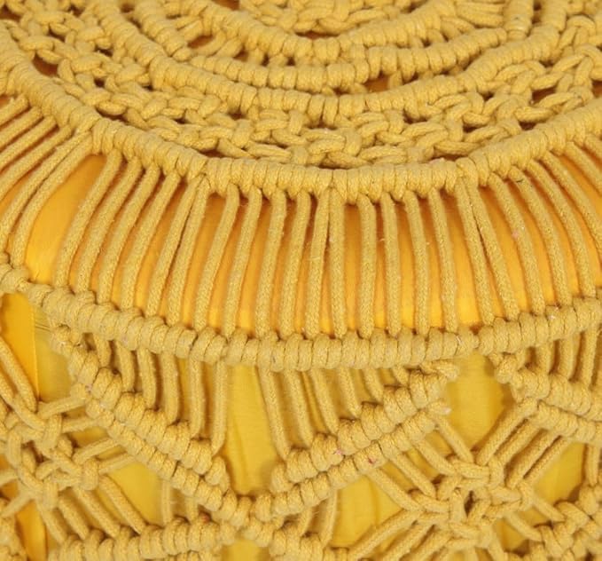 Image of Ottoman Foot Rest Puffy, Cotton Dori Ottoman for Home Decor, Solid Wood Legs Dressing Stool, Footstool Puffy for Living Room & Office Room | 16x17 Inch, Set of 2, Macrame Yellow-Dark Grey