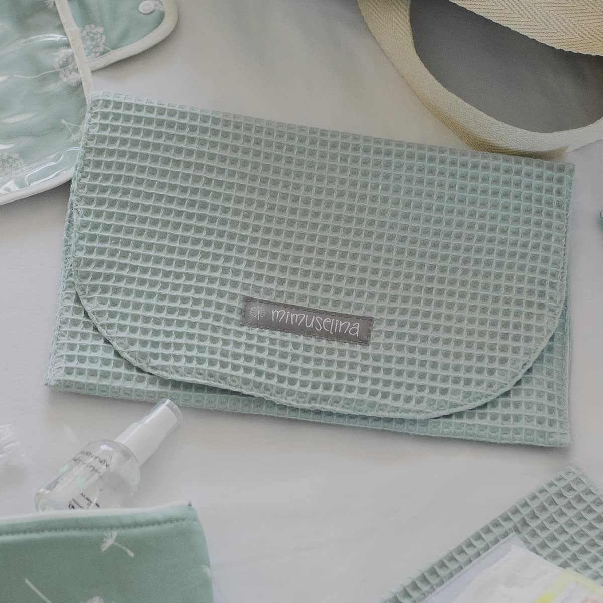 MIMUSELINA Organizer Porta Pannolini da Borsa - Porta Pannolini e Salviette da Borsa Impermeabili - Organizer Pannolini Ideale per Accessori per Neonato (Wafle Mint/Bamb Mint/Ecru)