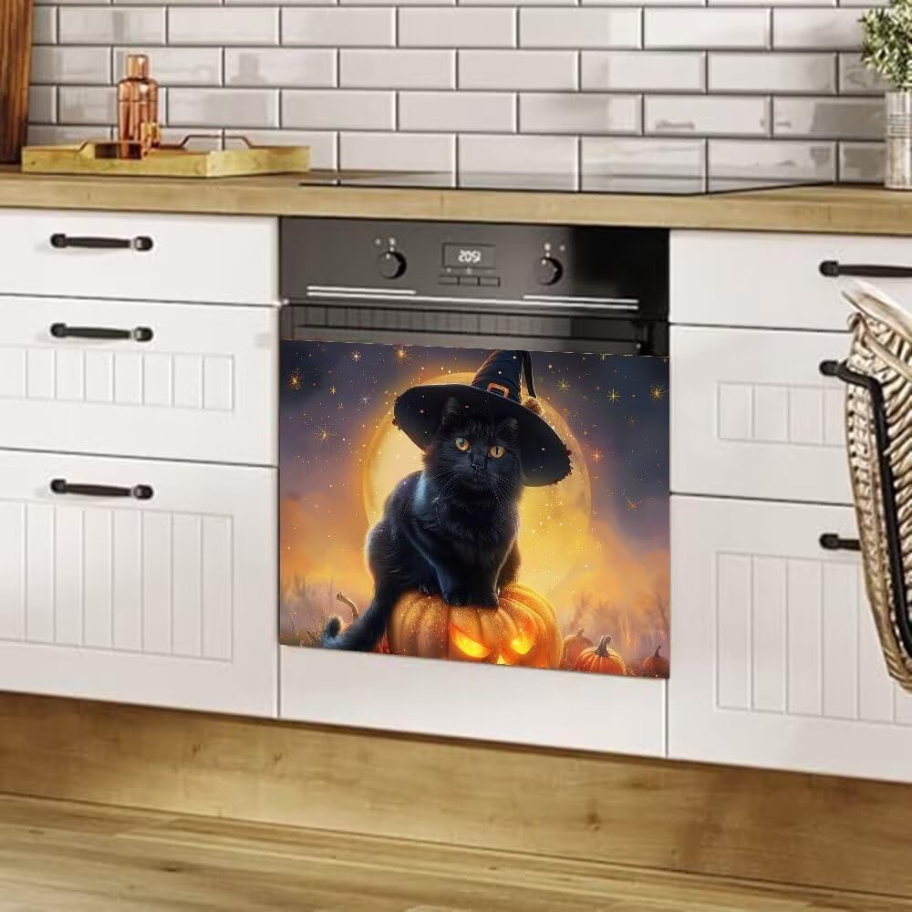 Halloween pumpkin dishwasher kitchen decoration sticker farmhouse black cat pumpkin lantern magnetic dishwasher cover dishwasher magnet leather cover refrigerator vinyl sticker 23x17 Inch Magnetic