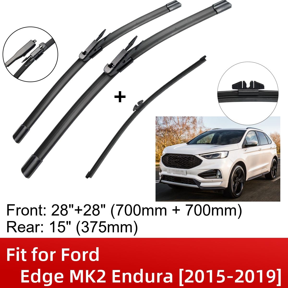 Ace Car Parts Complete 3-Piece Wiper Blade Set For Ford Edge SUV (2016-2020) – 28" Fronts & 16" Rear, Pinch Tab Arm - View #3