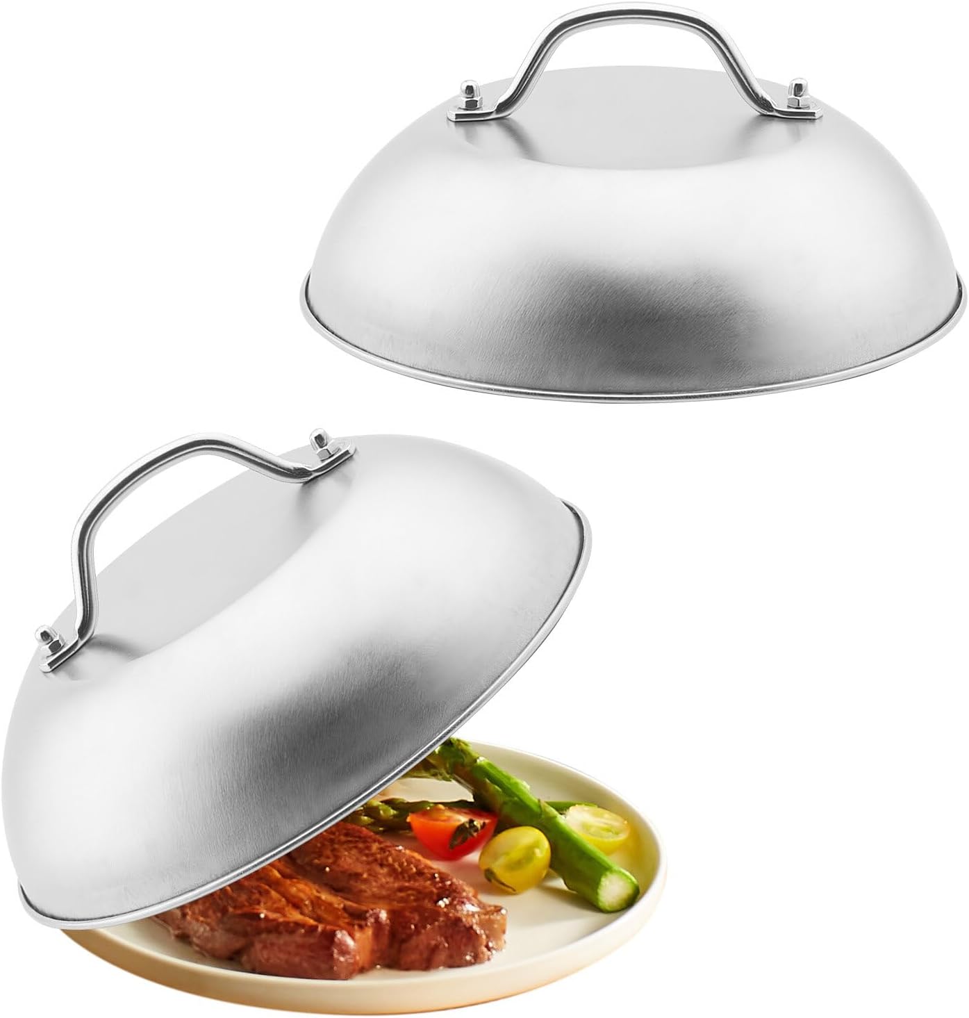 KoneskyStainless Steel Burger Bell, Set of 2, Grill Cover, Melting Bell with Anti-scald Handle, Melting Bell for Cheeseburgers, 22 cm in Diameter for Cheeseburger Melting Bell Burge Hamburgers