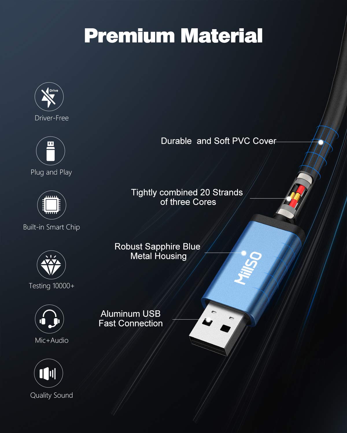 Adaptador USB a conector de audio dual de 0.138 in, tarjeta de sonido estéreo externa TRRS azul zafiro para auriculares estéreo para dos auriculares, altavoces a una PC, laptop, escritorio, 7