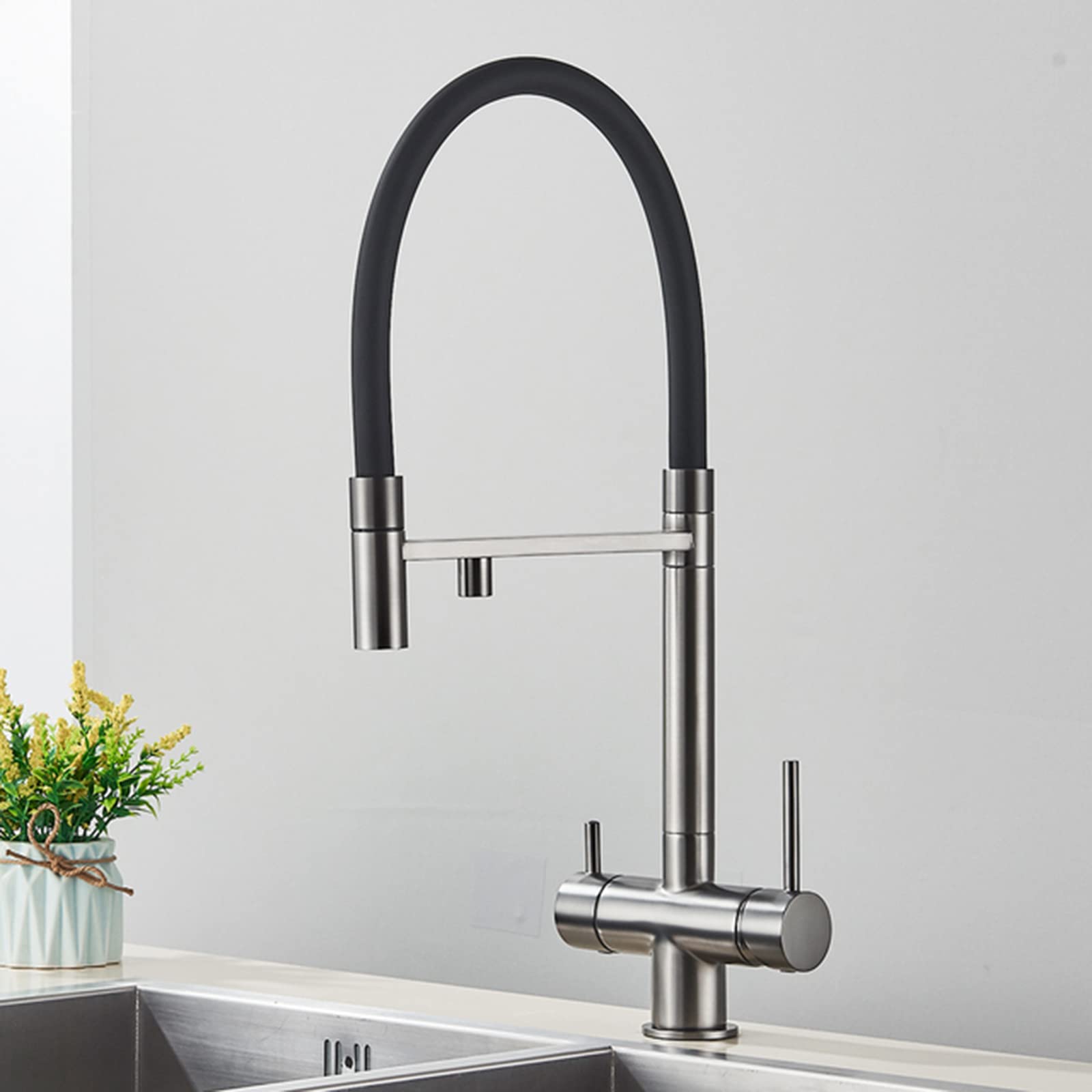 Lmysxaoz Gris 2In1 Kitchen Faucet Sink With Pull Down 2 Handle Water Filter Purifier Faucets, Brass 360° Flexible Swivel Mixer Tap For Kitchen, Rv, Bar,Black(Gris)