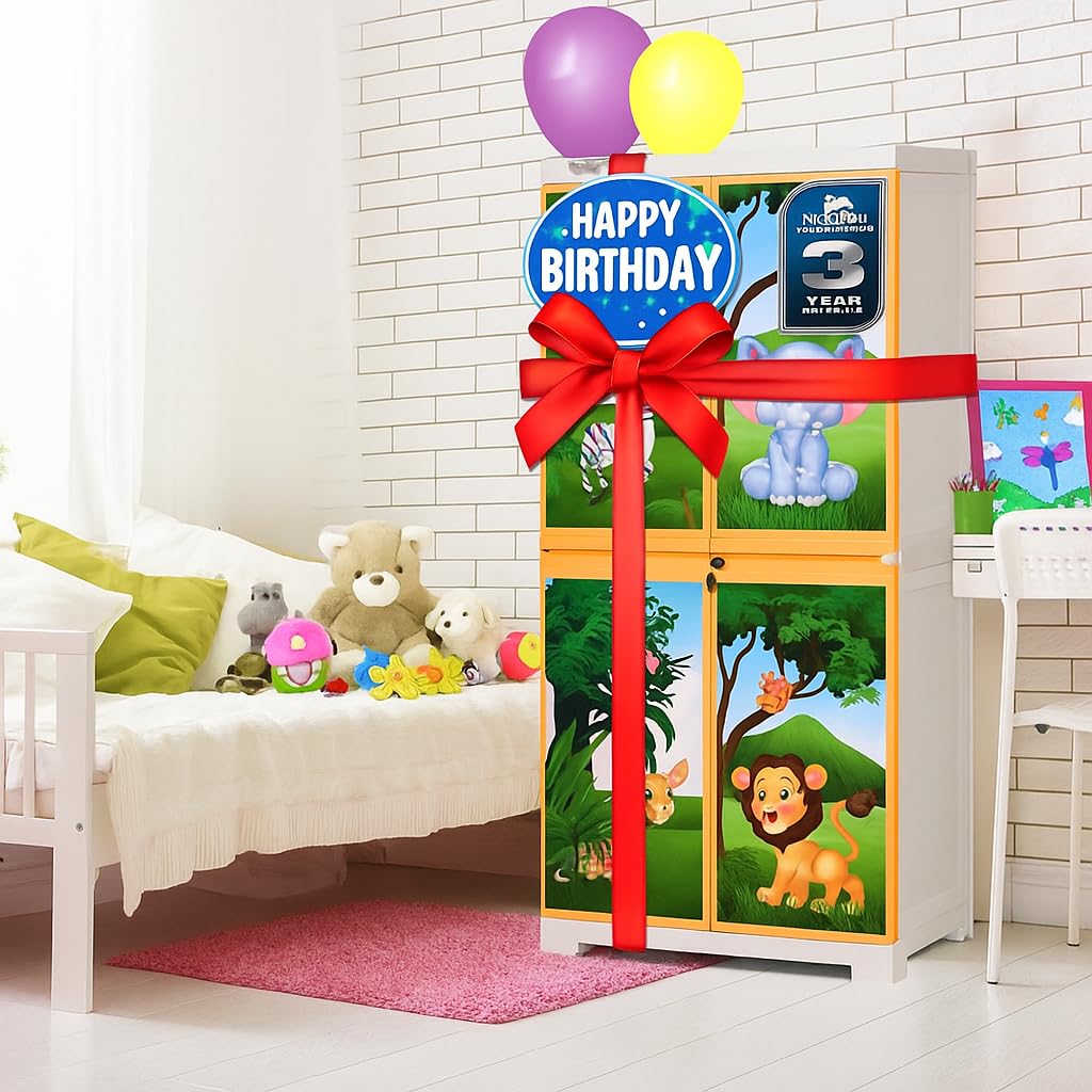 Nilkamal Freedom Big FMM Plastic Cabinet | 3-Year Warranty | 4-Shelf Storage Cupboard with Doors | Multi Organizer for Home, Wardrobe | Clothes Rack, Shelves, Almirah (Orange (Kids Jungle Theme))