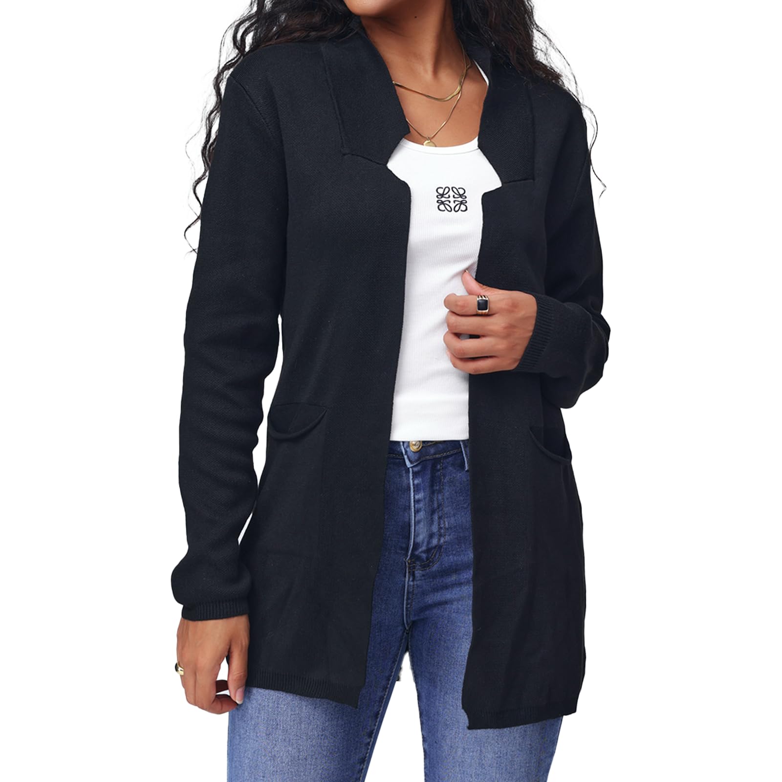 Women Sweater Blazer Long Sleeve Open Front Notch Collar Blazer Jacket Knit Cardigan Coat with Pockets Business Casual