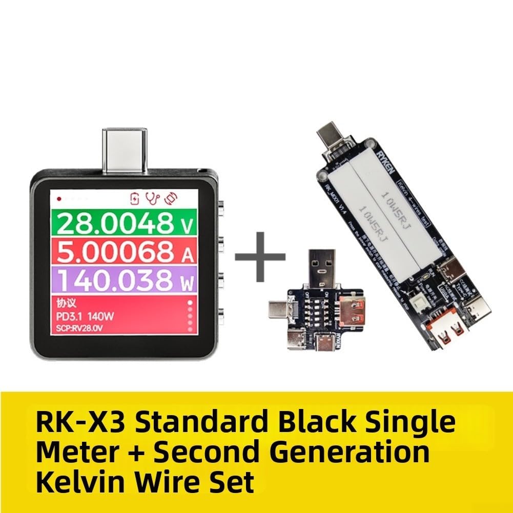Medidor de voltaje USB RK-X3 M001 con configuración de línea Kelvin de 4 cables optimizado para pruebas de baja resistencia y captura de señal de alimentación USB de alta fidelidad (RK-X3 rojo 48V+