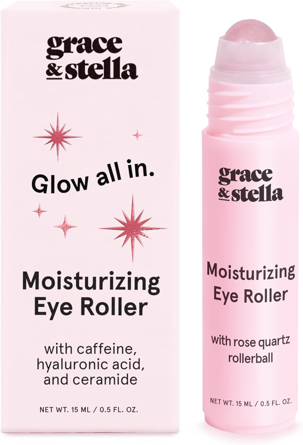 grace & stella Under Eye Brightener with Rose Quartz Rollerball - Hyaluronic Acid & Caffeine Eye Serum for Dark Circles & Puffiness - Travel Size Toiletries, Womens Christmas Gifts (15ml / 0.51floz)