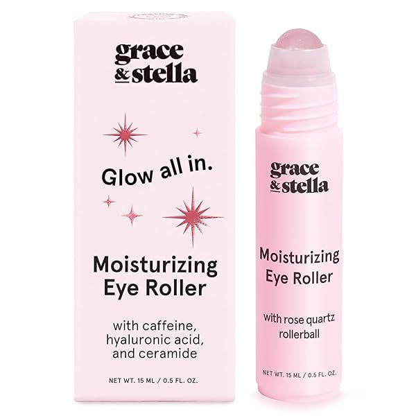 grace & stella Under Eye Brightener with Rose Quartz Rollerball - Hyaluronic Acid & Caffeine Under Eye Serum for Dark Circles & Puffiness - Gifts for Women, Travel Size Toiletries (15ml / 0.51floz)