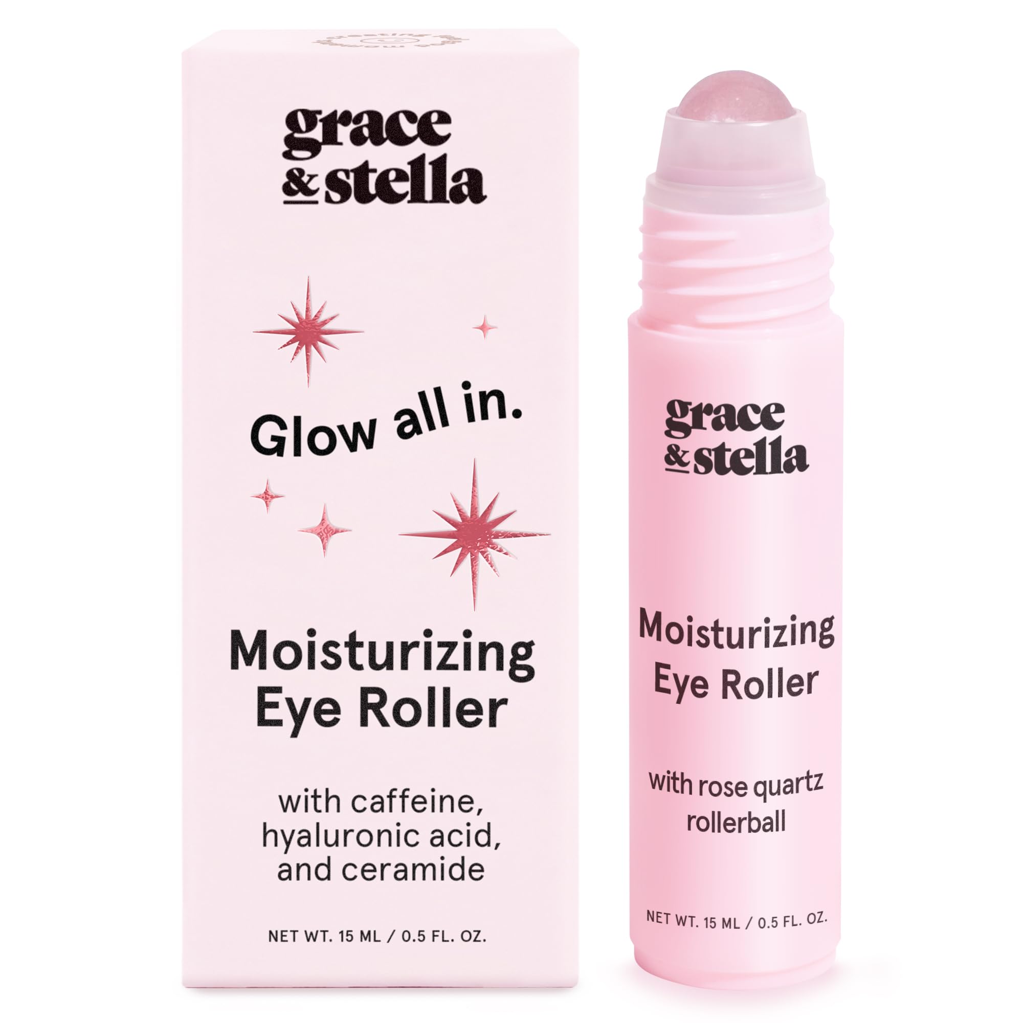 grace & stella Under Eye Serum with Rose Quartz Rollerball - Hyaluronic Acid & Caffeine Eye Serum for Dark Circles & Puffiness - Valentines Day Gifts for Her, Travel Size Toiletries (15ml / 0.51floz)