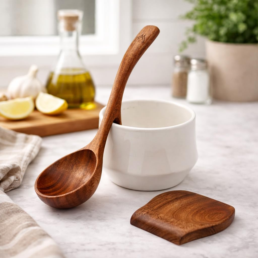 Prime Teak Wooden Ladle Set with Spoon Rest, Large Deep Bowl Soup Ladle with Hook Handle for Cooking, Serving & Stirring, Nonstick Cookware