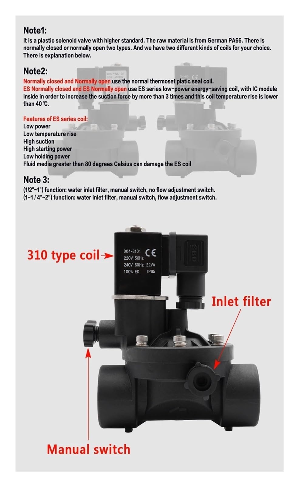 Électrovanne en Plastique à 2 Voies normalement fermée ou normalement Ouverte AC220V avec Interrupteur Manuel et vanne d'eau à réglage de débit.(G-DC 12V-ES Closed)