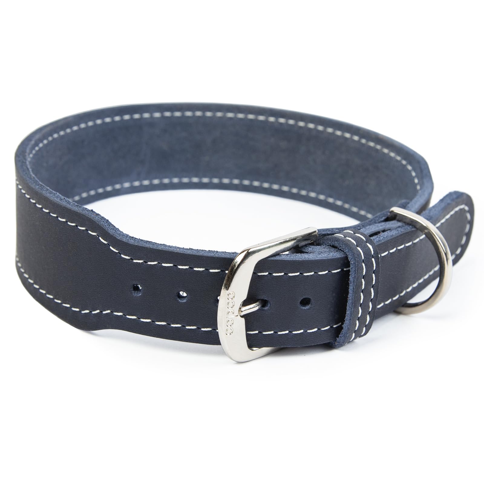 CopcoPet Hundehalsband Leder – Handgefertigtes Lederhalsband für mittelgroße, große Hunde – Halsband Hund – Verstellbar & Robust – Zoe, Marineblau, 45 – 50cm 40mm breit, Verchromte Beschläge