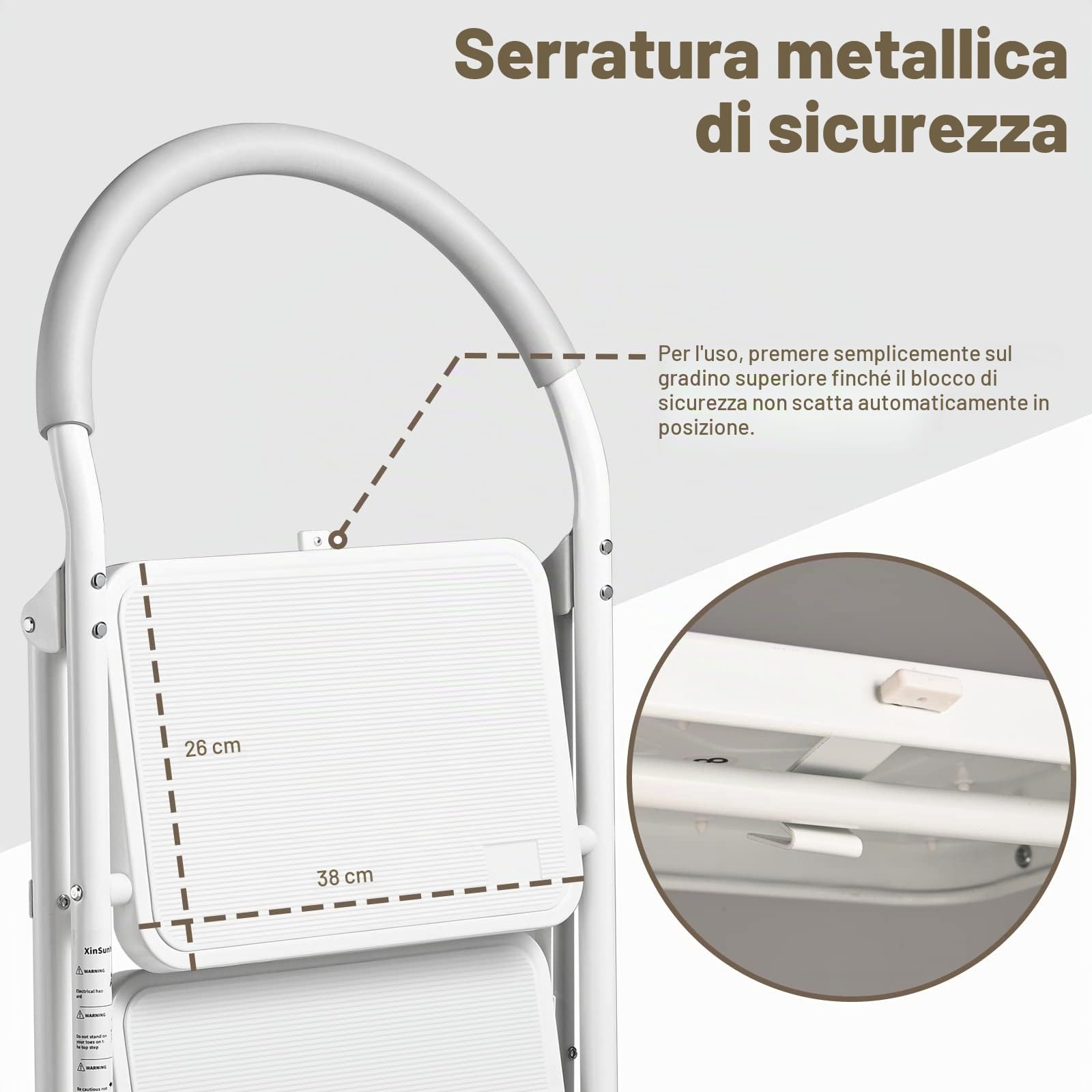 XinSunho Scaletta 3 Gradini Pieghevole, 3 Step Scale Domestica con Corrimano e Pedale Antiscivolo, Portatile Robusto Sgabello Scale, Massima 200 kg, Bianca