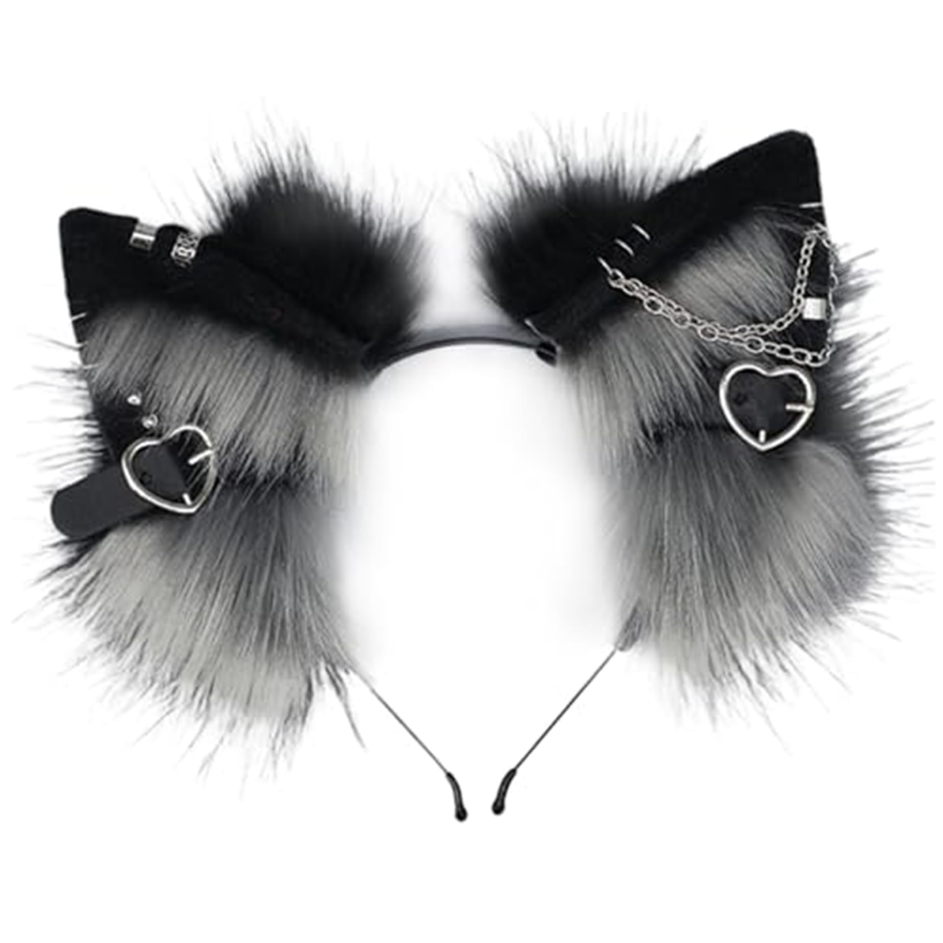 Diadema con orejas de gato, diadema con orejas peludas y decoración de cadena y corazón de metal, diadema con orejas de Therian góticas punk, diadema con orejas de animal para disfraz de cosplay, orej