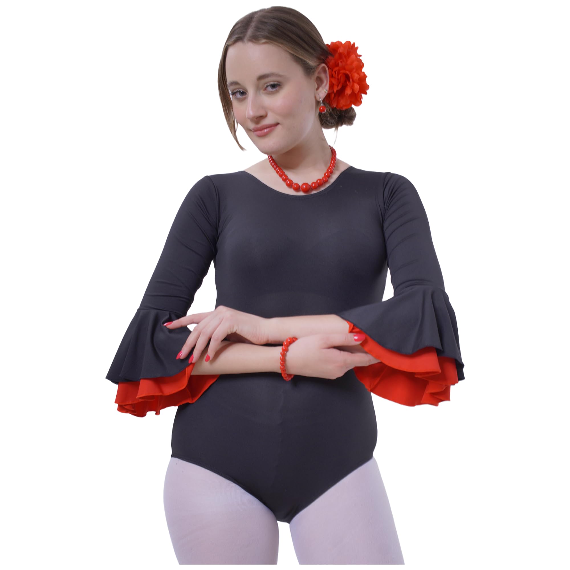 Carnavalife Body flamenco mujer negro maillot danza manga larga con volante, leotardo gimnasia ballet sevillanas, escote redondo, ribete rojo
