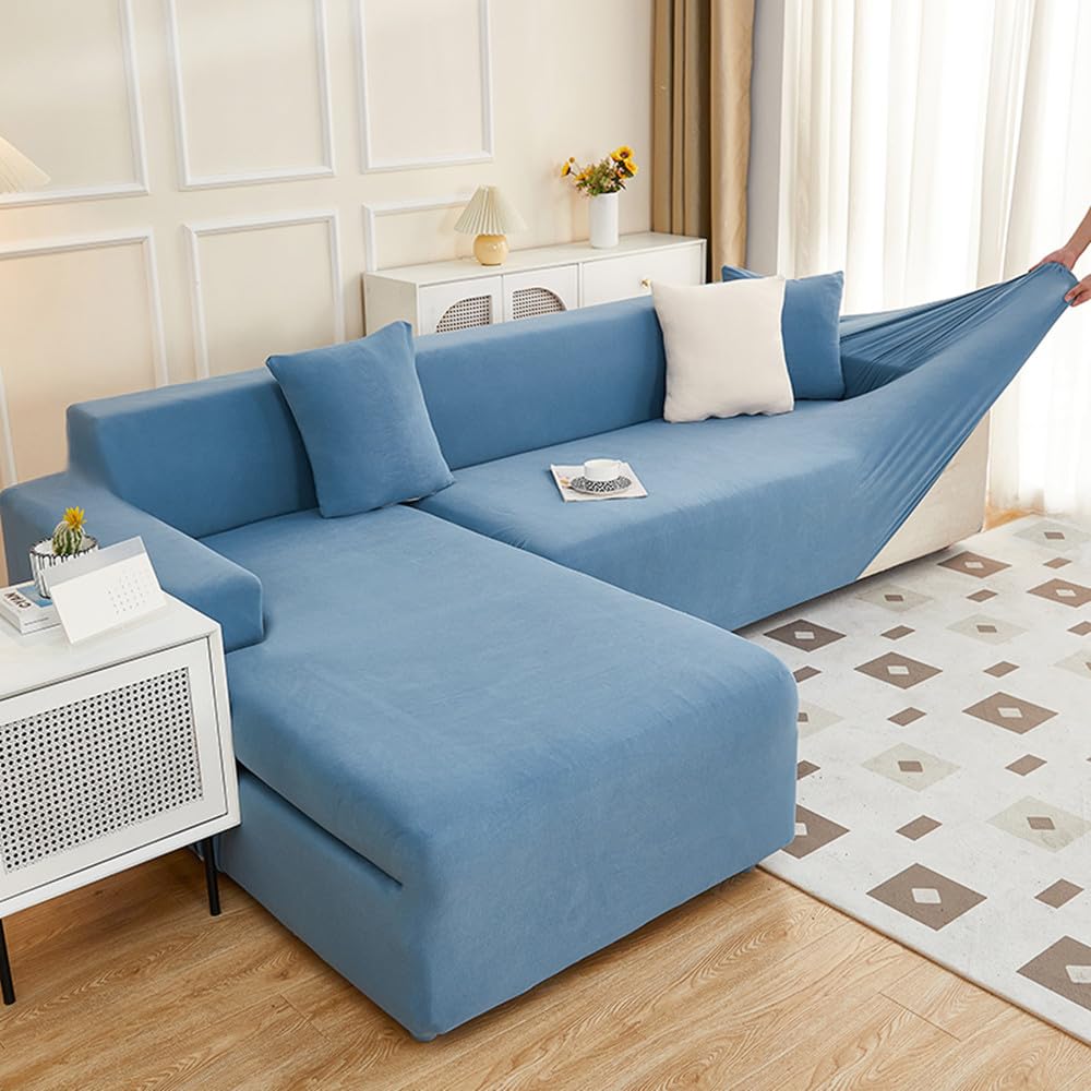 Housse canape anti griffe de chat pour grand canapé d'angle en cuir bleu