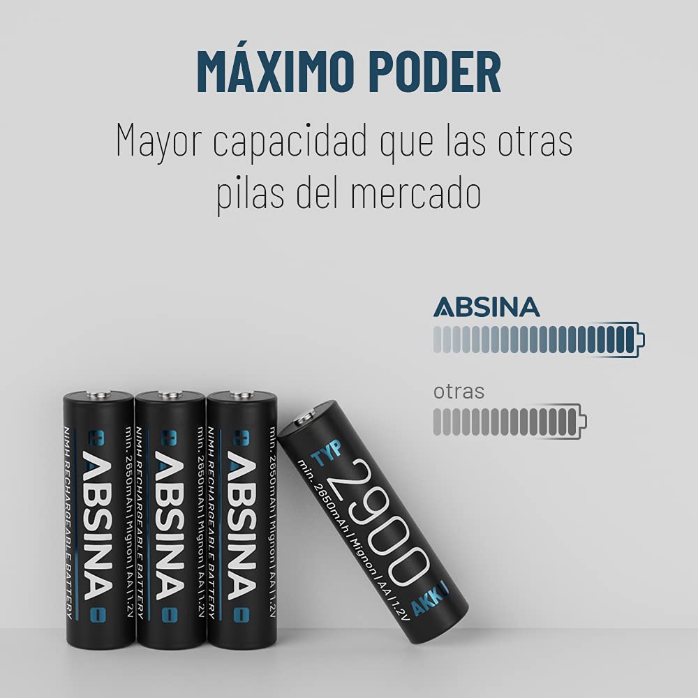 ABSINA Pilas Recargables AA 2900 NiMH 1,2V & mín. 2650mAh | Paquete de 32 - Pila recarregáveis para Dispositivos Alto Consumo - Bateria Recargable Wii y Controles Xbox