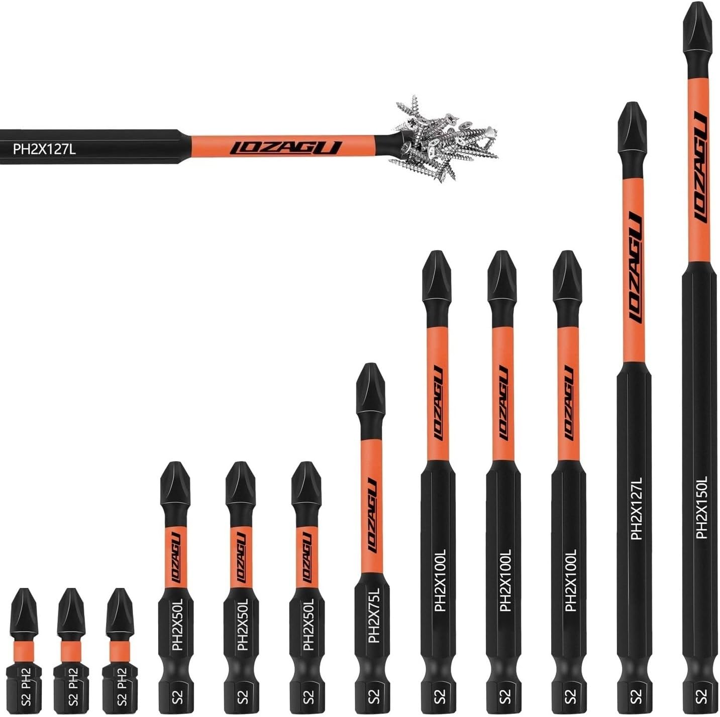 LOZAGU 12Piece Phillips Bits 2 Impact S2 Steel