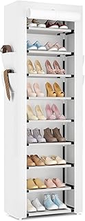 Shoe Rack with Cover Narrow Shoe Rack Organizer with 4 Side Pockets 10 Tier Tall Shoe Storage Shoe Shelf Holds 18-22 Pairs Shoes and Boots Shoe Rack for Closet, White
